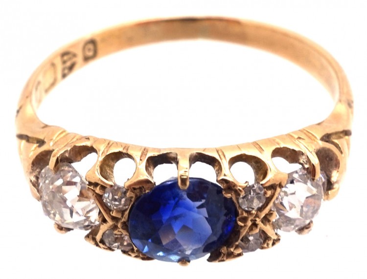 Victorian 18ct Gold Sapphire & Diamond Three Stone Ring