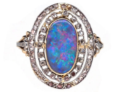 Edwardian Black Opal & Diamond Oval Cluster Ring