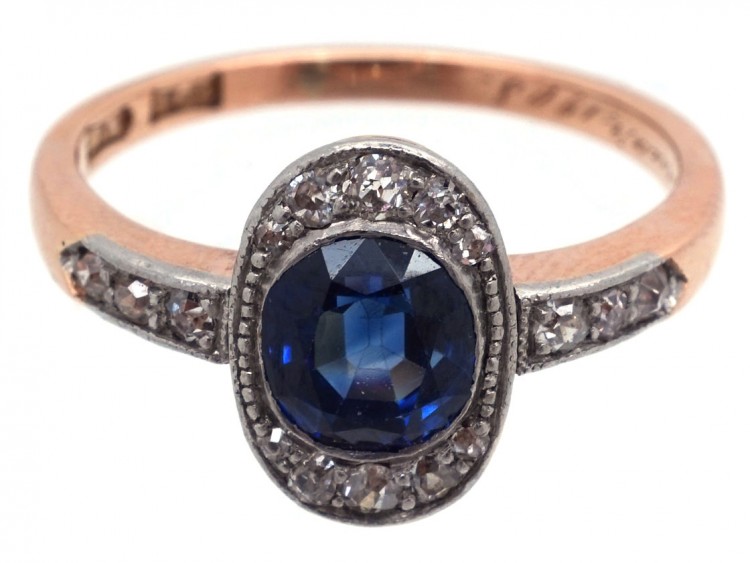 Art Deco Oval Sapphire & Diamond Ring with Diamond Shoulders