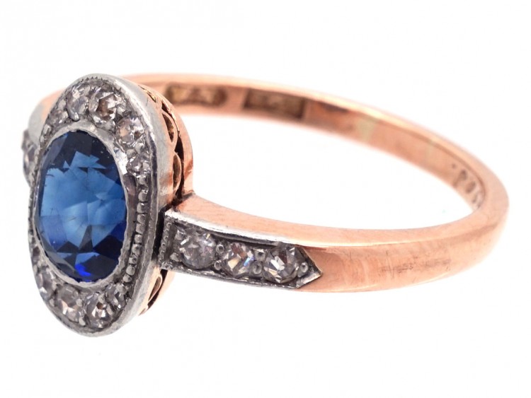 Art Deco Oval Sapphire & Diamond Ring with Diamond Shoulders