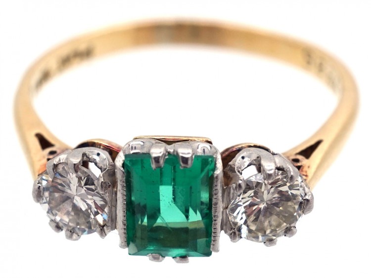Art Deco Emerald & Diamond Three Stone Ring