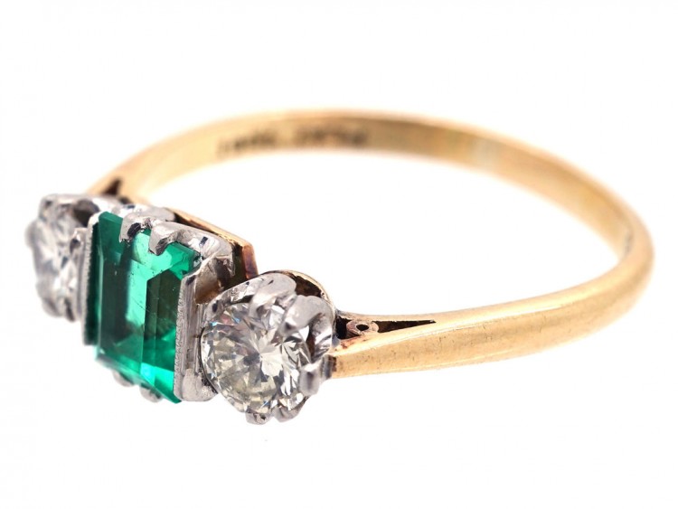 Art Deco Emerald & Diamond Three Stone Ring