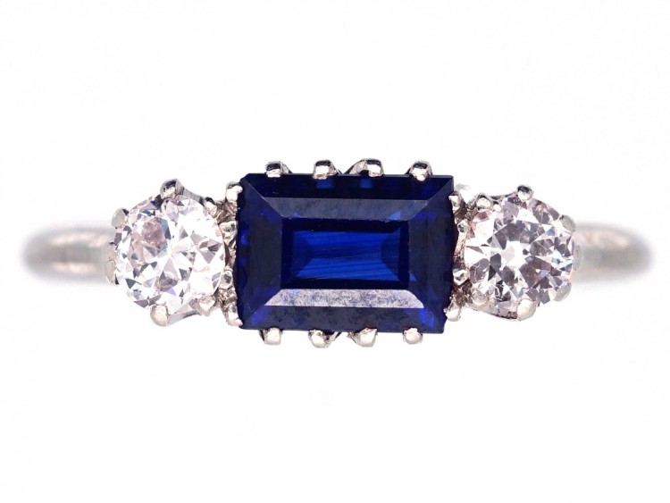 Art Deco Three Stone Sapphire & Diamond Ring