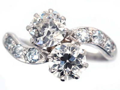 Edwardian Two Stone Diamond Crossover Ring with Diamond Shoulders