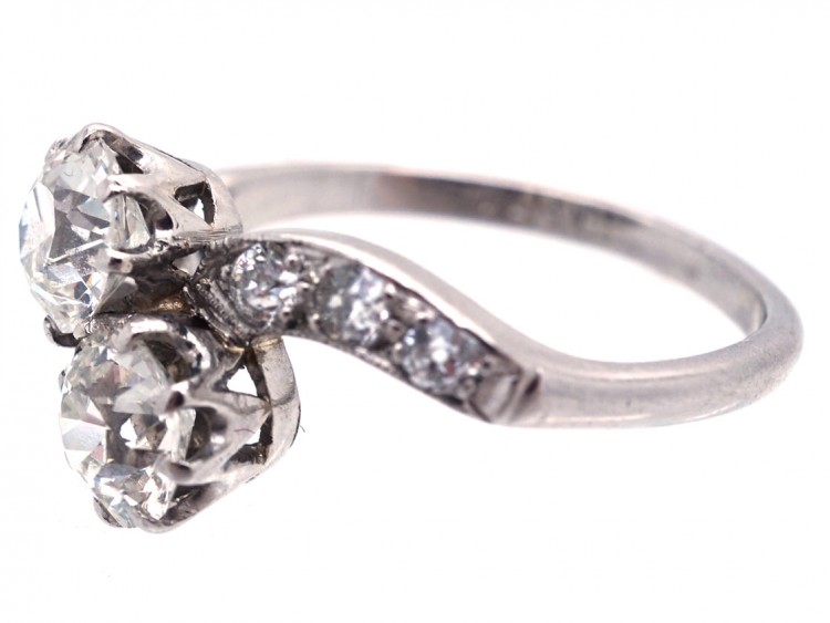 Edwardian Two Stone Diamond Crossover Ring with Diamond Shoulders