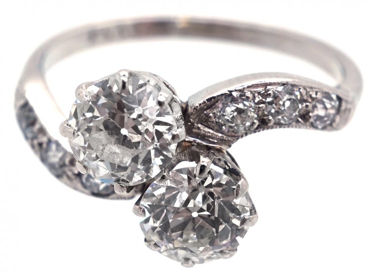 Edwardian Two Stone Diamond Crossover Ring with Diamond Shoulders