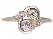 Art Deco Two Stone Diamond Crossover Ring with Diamond Shoulders