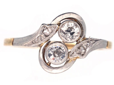 Art Deco Two Stone Diamond Crossover Ring with Diamond Shoulders