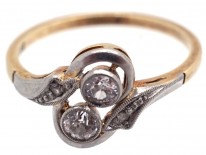 Art Deco Two Stone Diamond Crossover Ring with Diamond Shoulders