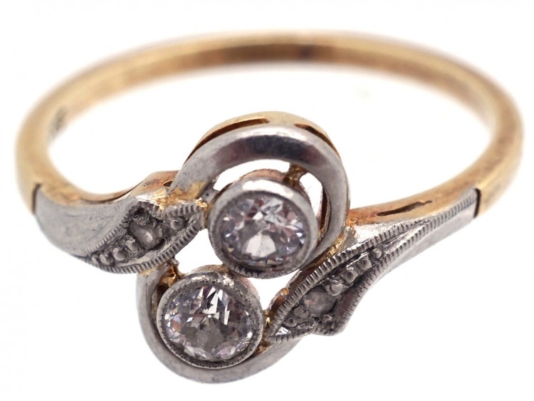 Art Deco Two Stone Diamond Crossover Ring with Diamond Shoulders