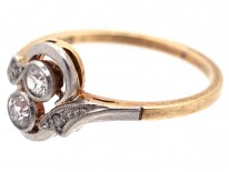 Art Deco Two Stone Diamond Crossover Ring with Diamond Shoulders