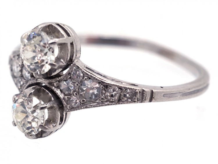 Art Deco Two Stone Diamond Ring with Tapered Diamond Shoulders