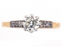 Art Deco 18ct Gold & Platinum, Diamond Solitaire Ring with Diamond Set Shoulders