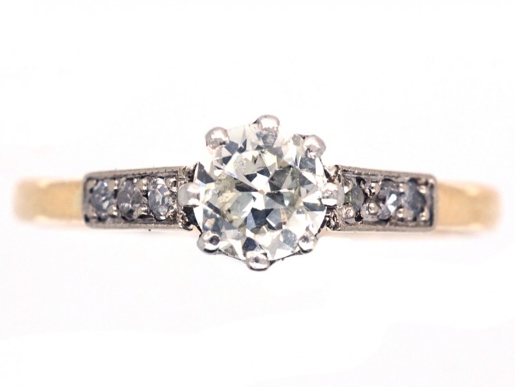 Art Deco 18ct Gold & Platinum, Diamond Solitaire Ring with Diamond Set Shoulders