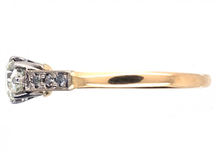 Art Deco 18ct Gold & Platinum, Diamond Solitaire Ring with Diamond Set Shoulders