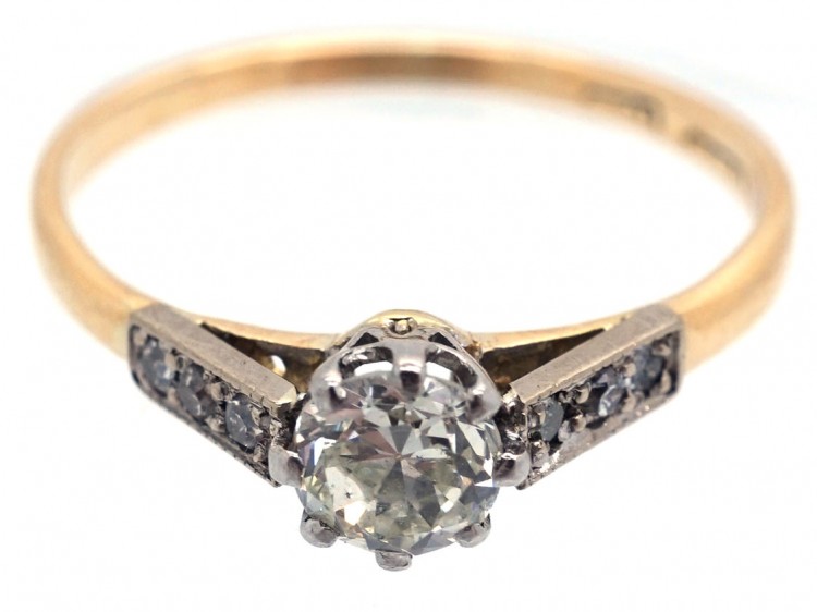 Art Deco 18ct Gold & Platinum, Diamond Solitaire Ring with Diamond Set Shoulders
