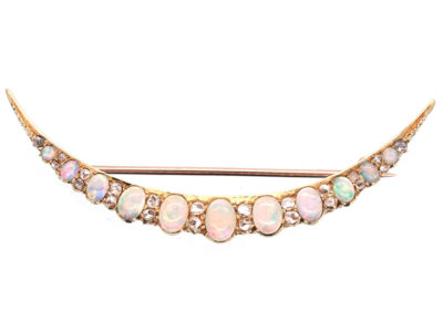 Victorian 15ct Gold, Diamond & Opal Crescent Brooch