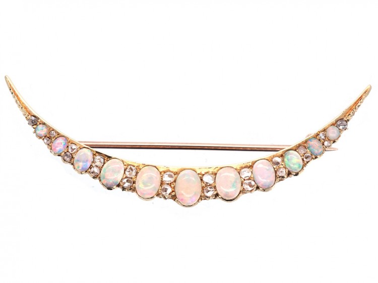 Victorian 15ct Gold, Diamond & Opal Crescent Brooch