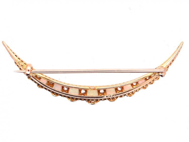 Victorian 15ct Gold, Diamond & Opal Crescent Brooch