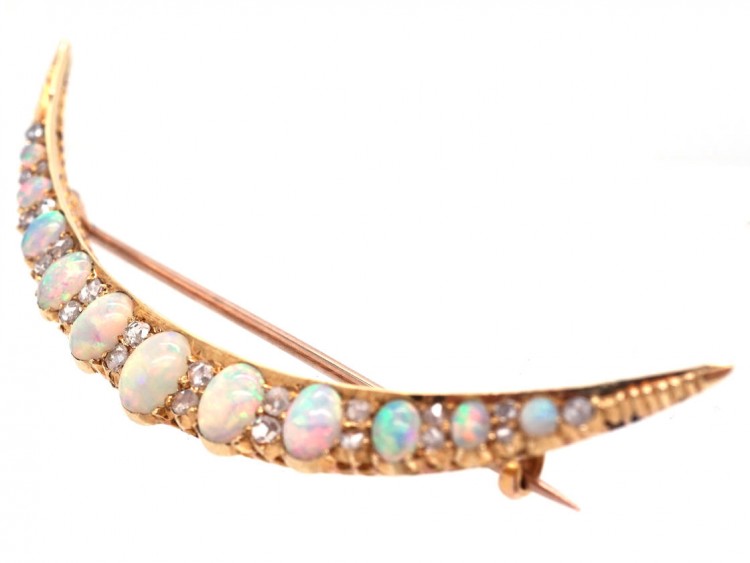 Victorian 15ct Gold, Diamond & Opal Crescent Brooch