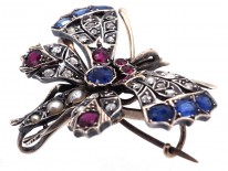 Edwardian Butterfly Brooch set with Sapphires, Rubies, Diamonds & Natural Split Pearls