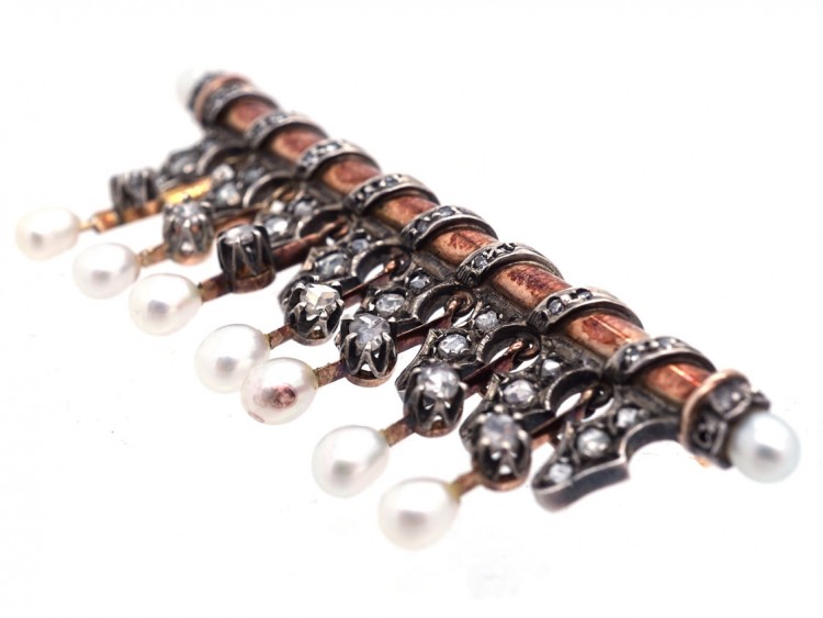 Edwardian Gold, Diamond & Pearl Drops Brooch