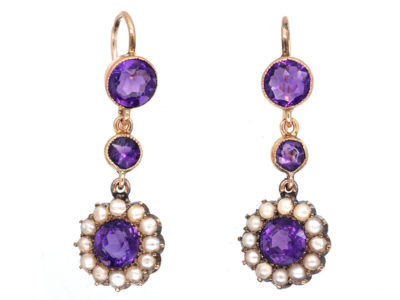 Edwardian 15ct Gold, Amethyst & Natural Split Pearl Cluster Drop Earrings