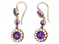 Edwardian 15ct Gold, Amethyst & Natural Split Pearl Cluster Drop Earrings