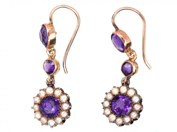 Edwardian 15ct Gold, Amethyst & Natural Split Pearl Cluster Drop Earrings