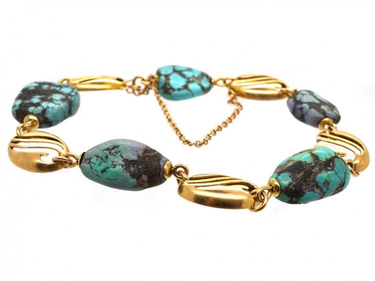 Art Nouveau 15ct Gold & Turquoise Matrix Bracelet