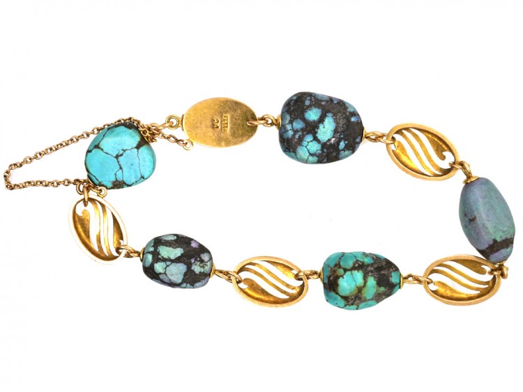 Art Nouveau 15ct Gold & Turquoise Matrix Bracelet
