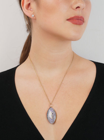 Georgian Blue Glass & Seed Pearl Navette Shaped Pendant in Original Case