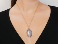 Georgian Blue Glass & Seed Pearl Navette Shaped Pendant in Original Case