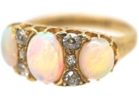 Victorian 18ct Gold, Three Stone Opal & Diamond Ring