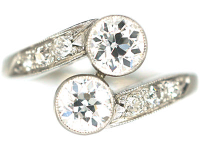Art Deco 14ct White Gold Two Stone Diamond Crossover Ring