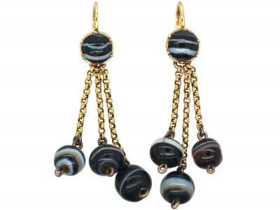 Georgian 18ct Gold & Banded Onyx Drop Earrings