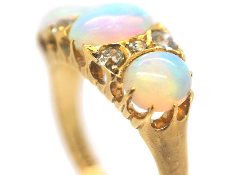 Victorian 18ct Gold, Three Stone Opal & Diamond Ring