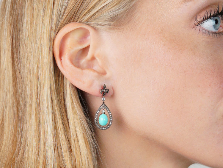 Edwardian Turquoise & Rose Diamond Drop Earrings