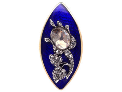Georgian 15ct Gold, Large Navette Shaped Ring with Blue Enamel & Rose Diamond Rose Motif