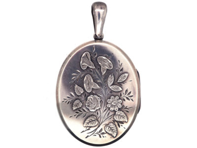 Victorian Silver Oval Locket with Bouquet of Flowers Design
