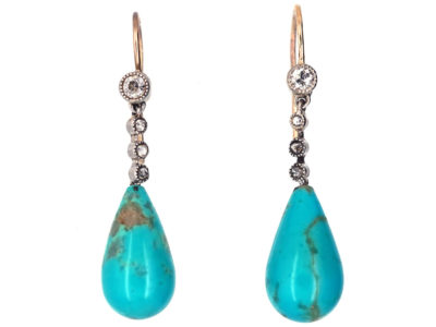 Edwardian Diamond & Pear Shaped Turquoise Drop Earrings