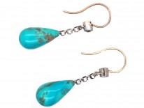 Edwardian Diamond & Pear Shaped Turquoise Drop Earrings