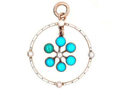 Edwardian 15ct Gold Round Turquoise, Enamel & Pearl Pendant