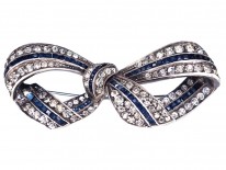 Art Deco Silver & Blue & White Paste Bow Brooch