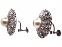 Large Silver & Paste Screw On Flower Earrings