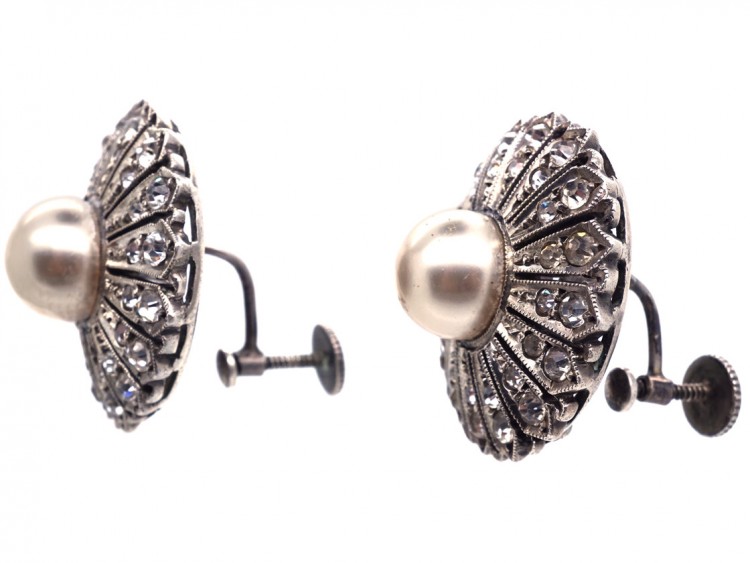 Large Silver & Paste Screw On Flower Earrings
