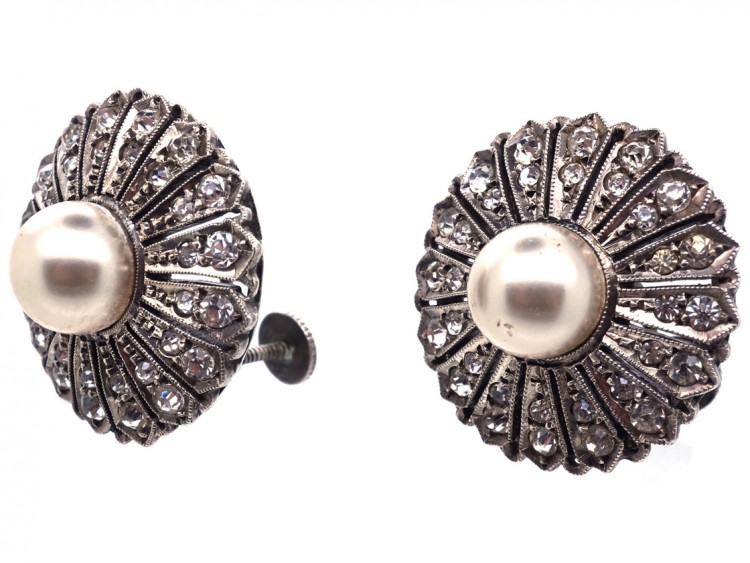 Large Silver & Paste Screw On Flower Earrings