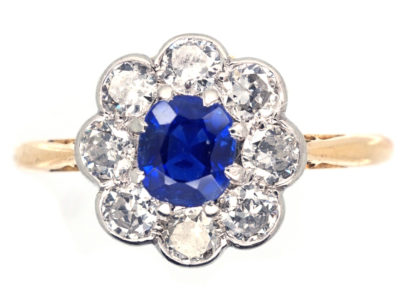 Edwardian 18ct Gold & Platinum, Sapphire & Diamond Cluster Ring