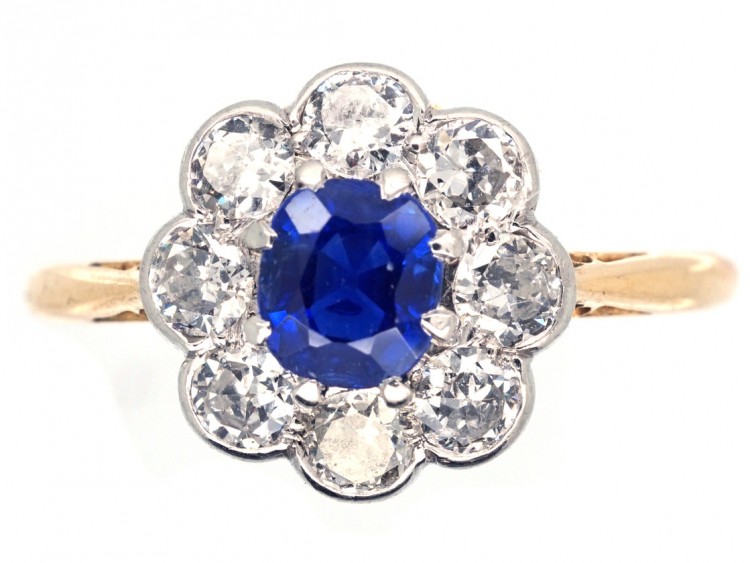 Edwardian 18ct Gold & Platinum, Sapphire & Diamond Cluster Ring