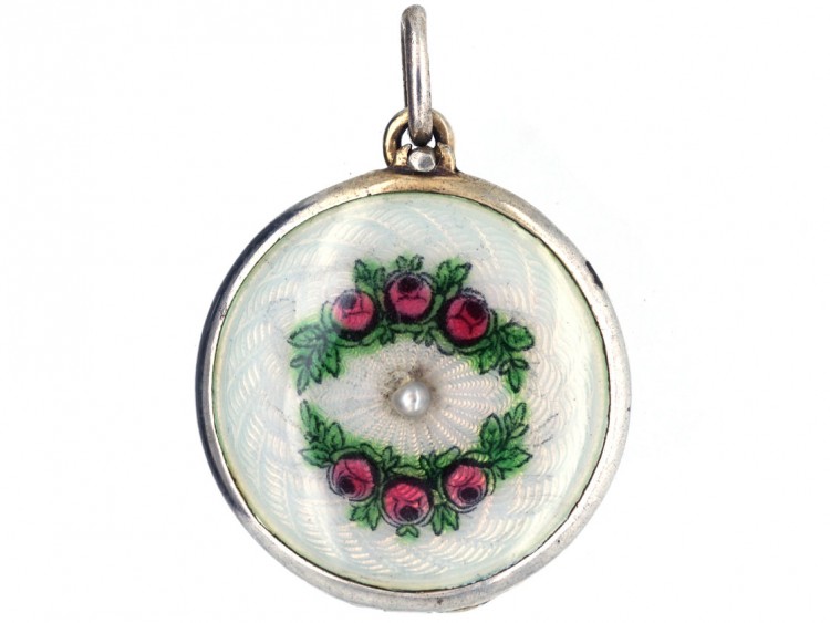 Edwardian Round Silver & Enamel Roses Locket